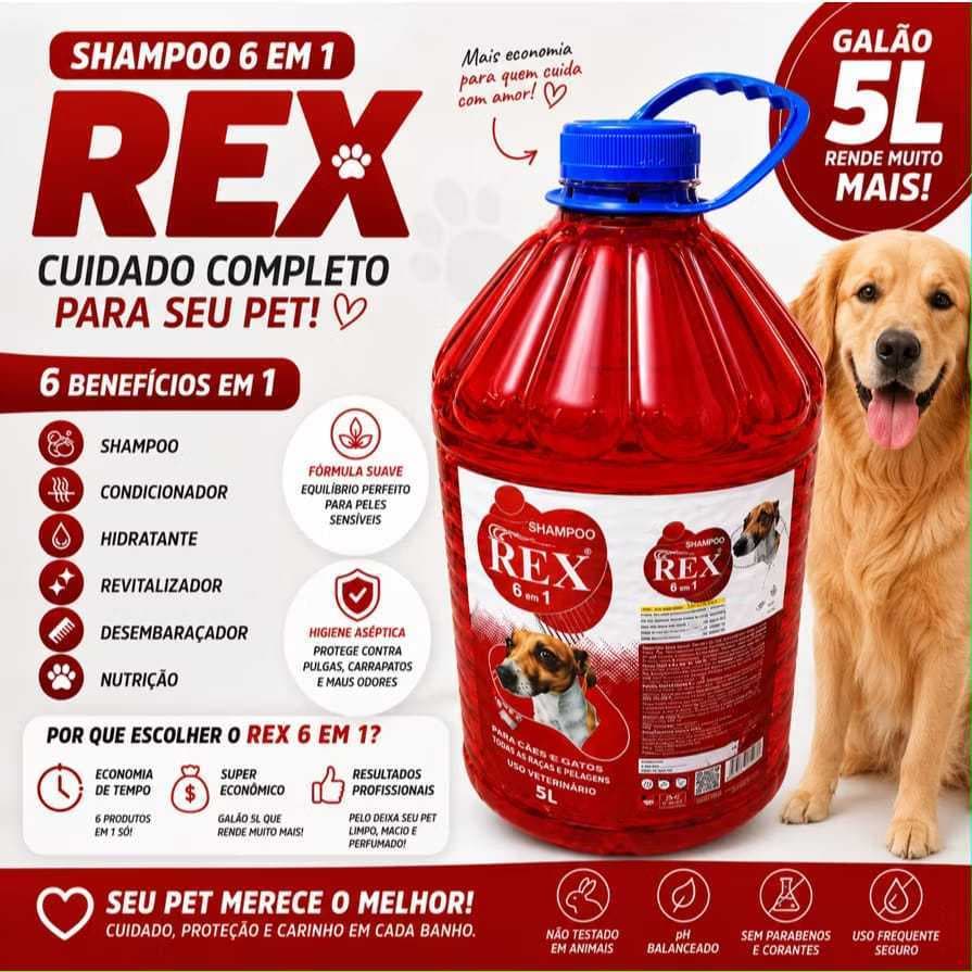 Shampoo Rex Plus 6 em 1 Cheiroso Para Cachorro Cães Galão 5l Banho Pet