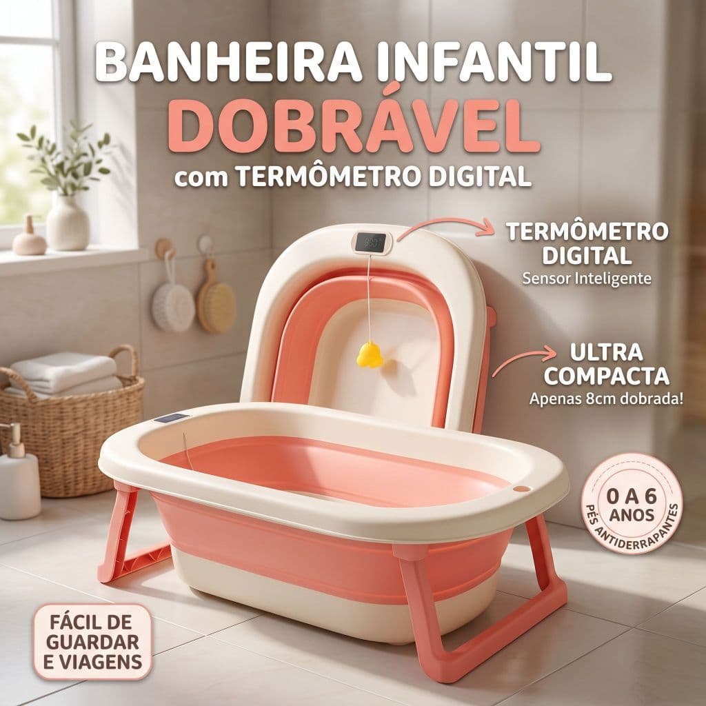 Banheira Dobrável para Bebê | Termômetro de Temperatura Integrado | Banho Infantil Confortável