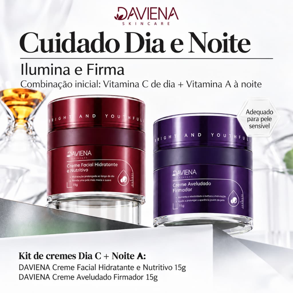 DAVIENA Kit Creme Facial Dia e Noite Anti Idade Hidratante Firmador Retinal Colágeno Vitamina C 2 Cremes