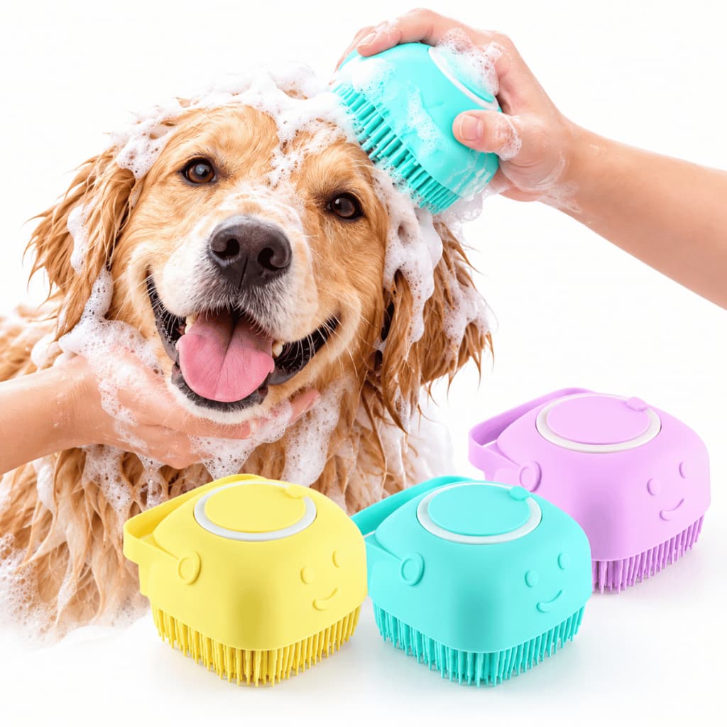 Esponja de Silicone para Banho Pet com Dispenser de Shampoo Escova Massageadora para Cães e Gatos
