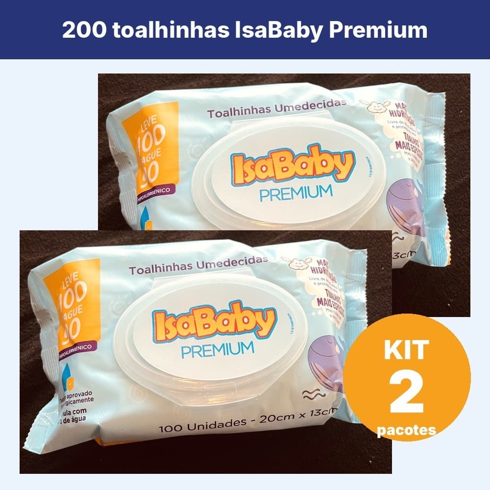 Kit 2 Toalhinhas Umedecidas IsaBaby Premium 200 Unidades Lenço Umedecido Bebê Hipoalergênico