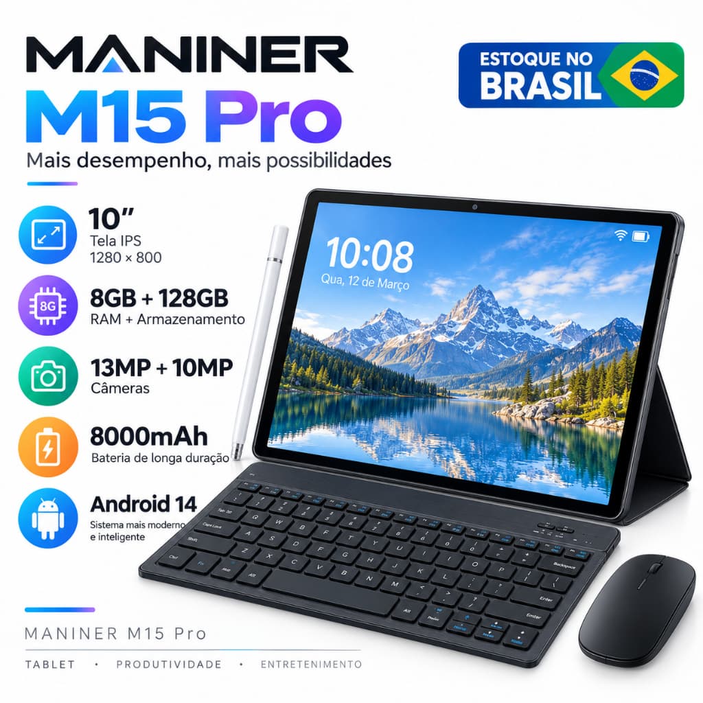 Tablet 10" 8GB RAM 128GB Android 14 5G Wi-Fi Bateria 8000mAh com Teclado e Mouse Grátis para Jogos e Vídeos