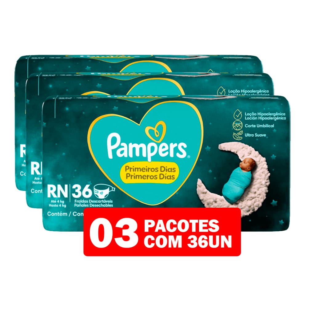 Kit 03 Fralda Pampers Descartável Primeiros Dias RN Até 4kg 36 Unidades Hipoalergênica