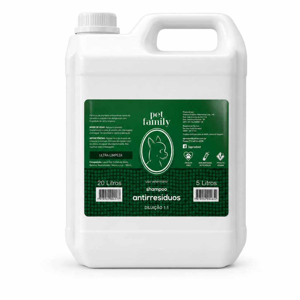 Shampoo Pet Antirresíduo Vegano Limpeza Profunda Para Cães e Gatos Galão 5L Diluição 1:1 Pet Family