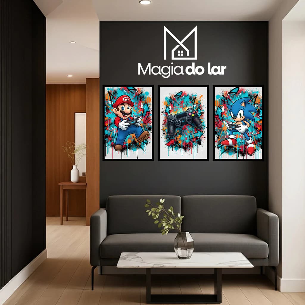 Kit 3 Peças Quadro Gamer Decorativo  Colorido Cartoon Controle de Videogame – Decoração Moderna para Quarto Gamer, Sala