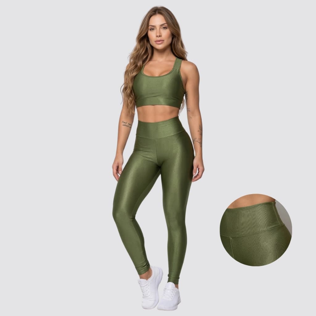 Conjunto Legging Zero Transparência Canelado Calça e Top Moda Fitness Roupas Femininas Para Academia A02