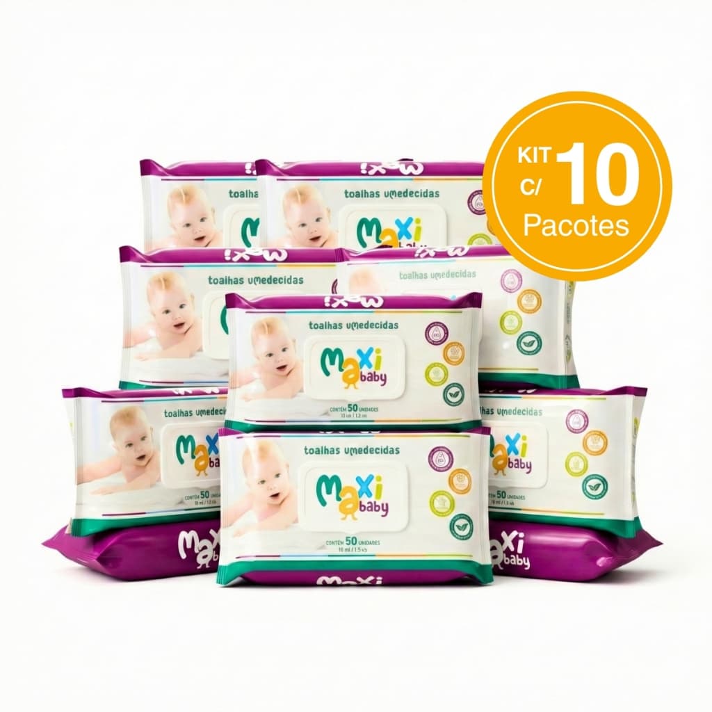 Kit com 10 Toalhas Lenços Umedecidos Hipoalergênico 50un Cada Maxi Baby