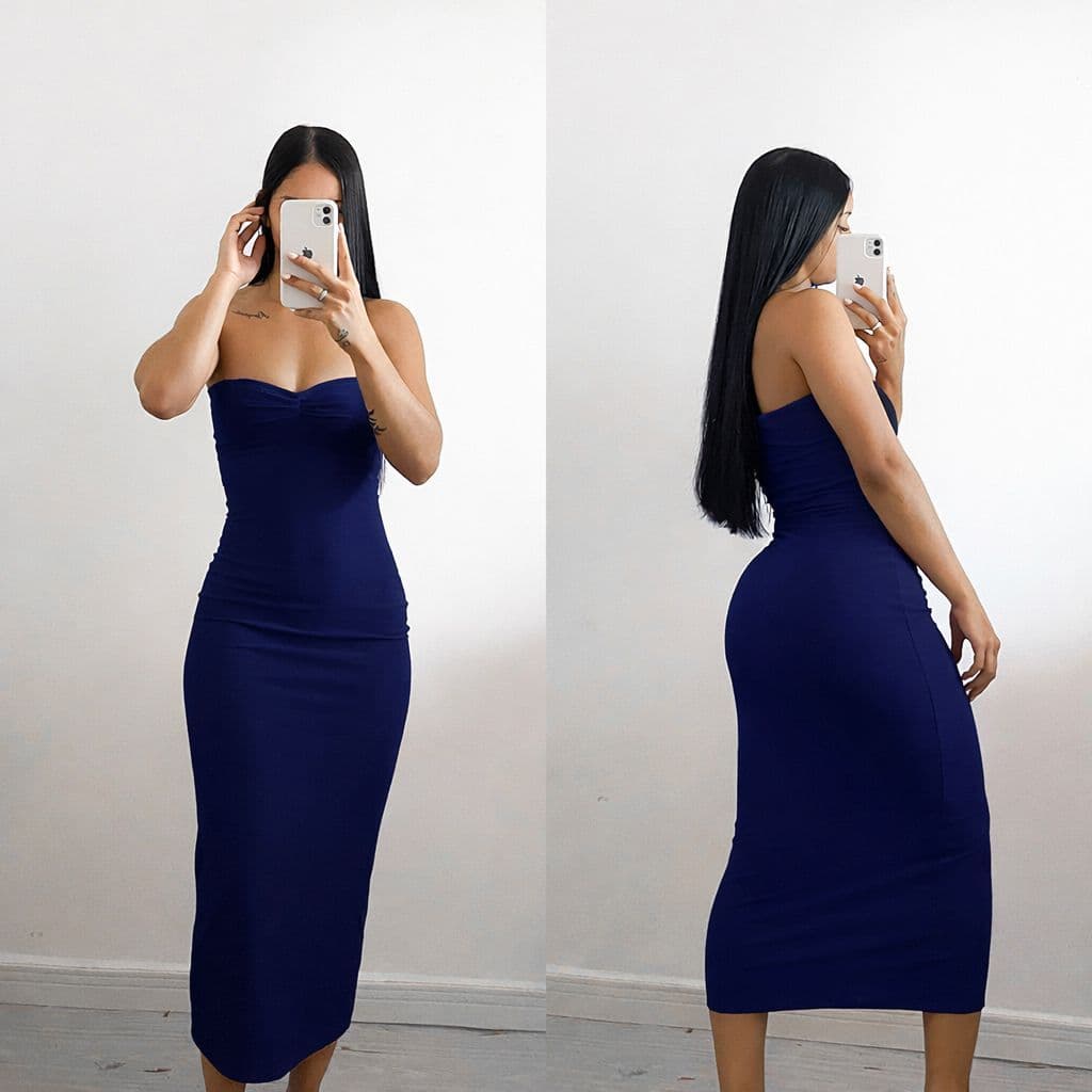 Vestido Midi Frio Inverno Feminino Suplex Azul Marinho Vermelho Tomara Que Caia Tubinho Justo Blogueira