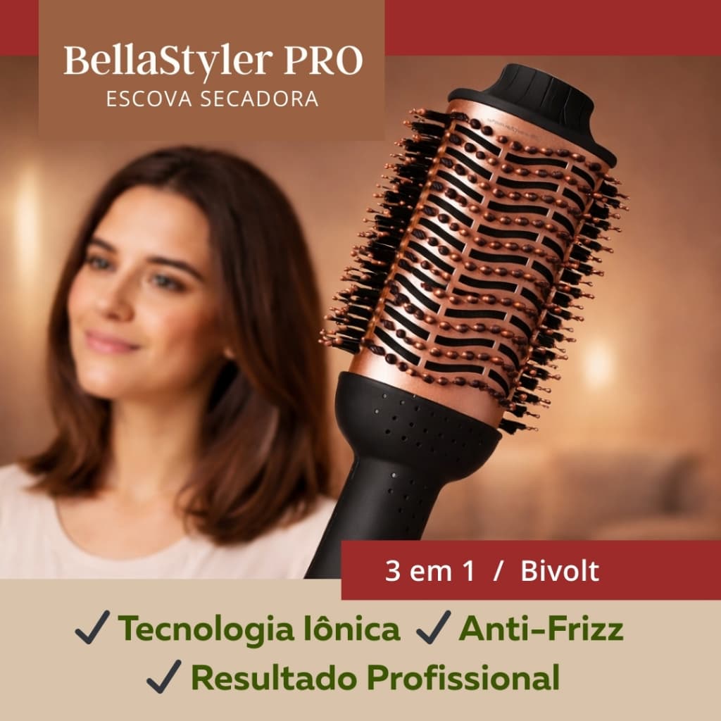 Escova Secadora BellaStyler PRO 1300W Bivolt 3 em 1 Profissional Anti-Frizz Seca Alisa e Modela Cabelo