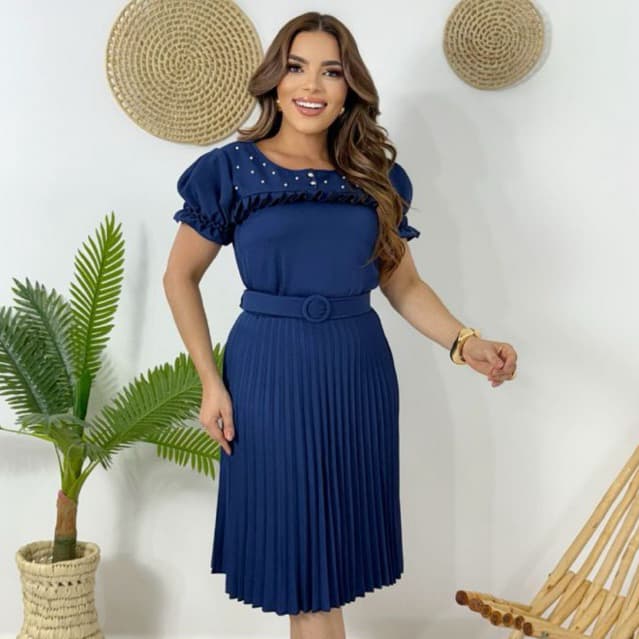 Vestido Midi Plissado Feminino Manga Curta Bufante com Cinto Elegante Moda Executiva
