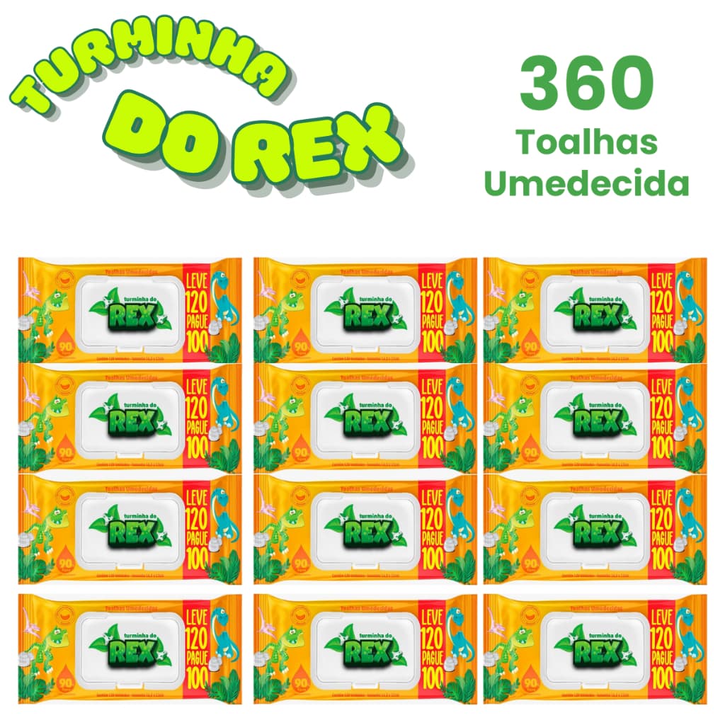 Kit 360 Lenços Toalhas Umedecidas Turminha do Rex Lenço Infantil Higiene Bebê