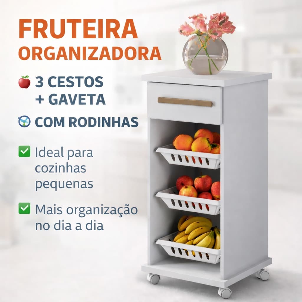 Fruteira com Rodinha Organizadora 3 Cestos + Gaveta Carrinho Organizador Cozinha Pequena Multiuso Compacta