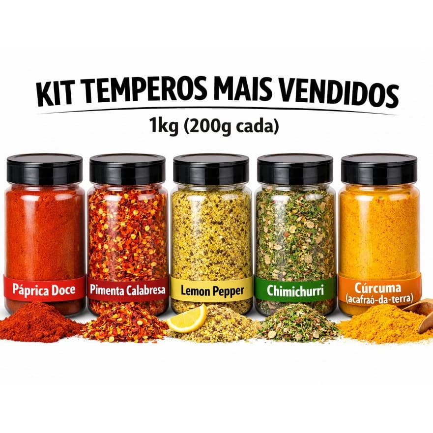 Kit Temperos mais vendidos - 1kg (Páprica Doce, Pimenta Calabresa, Lemon Pepper, Chimichurri e Cúrcuma)