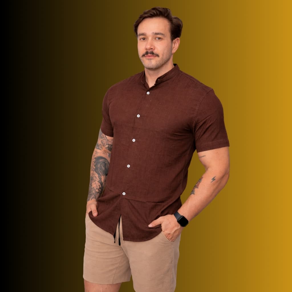 Camisa Masculina Viscolinho Gola Padre Manga Curta Luxo Social Slim Básica
