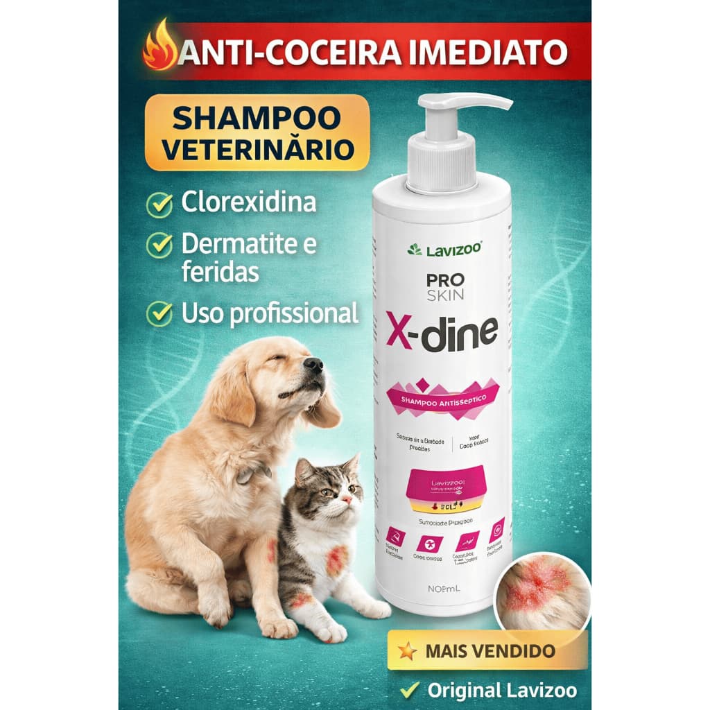Shampoo Clorexidina Lavizoo X-Dine 500ml Antisséptico para Cães e Gatos Coceira e Dermatite