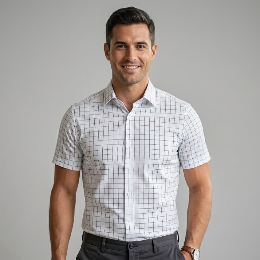 Camisa Social Masculina Amil Manga Curta Slim Algodão com Elastano Conforto Casual Ajuste Slim
