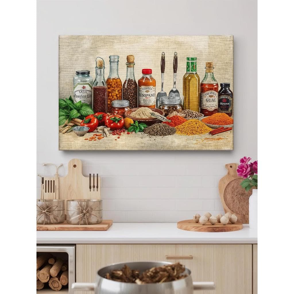 Quadro decorativo 1 peça Tema Cozinha - Temperos e condimentos - Arte efeito vintage - Disponível em