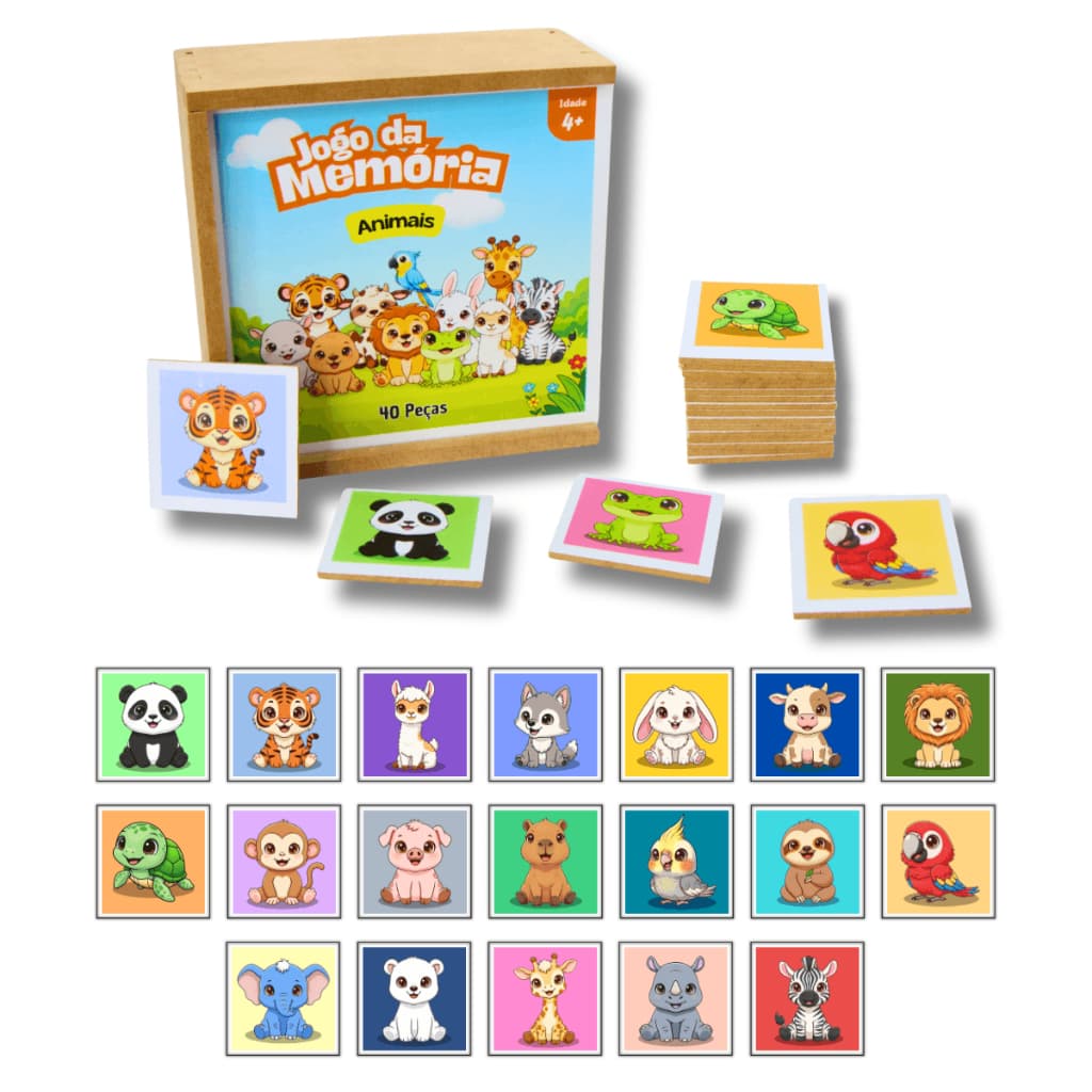 Jogo da Memória Animais Madeira MDF 40 Peças Brinquedo Educativo Pedagógico Infantil Menino Menina