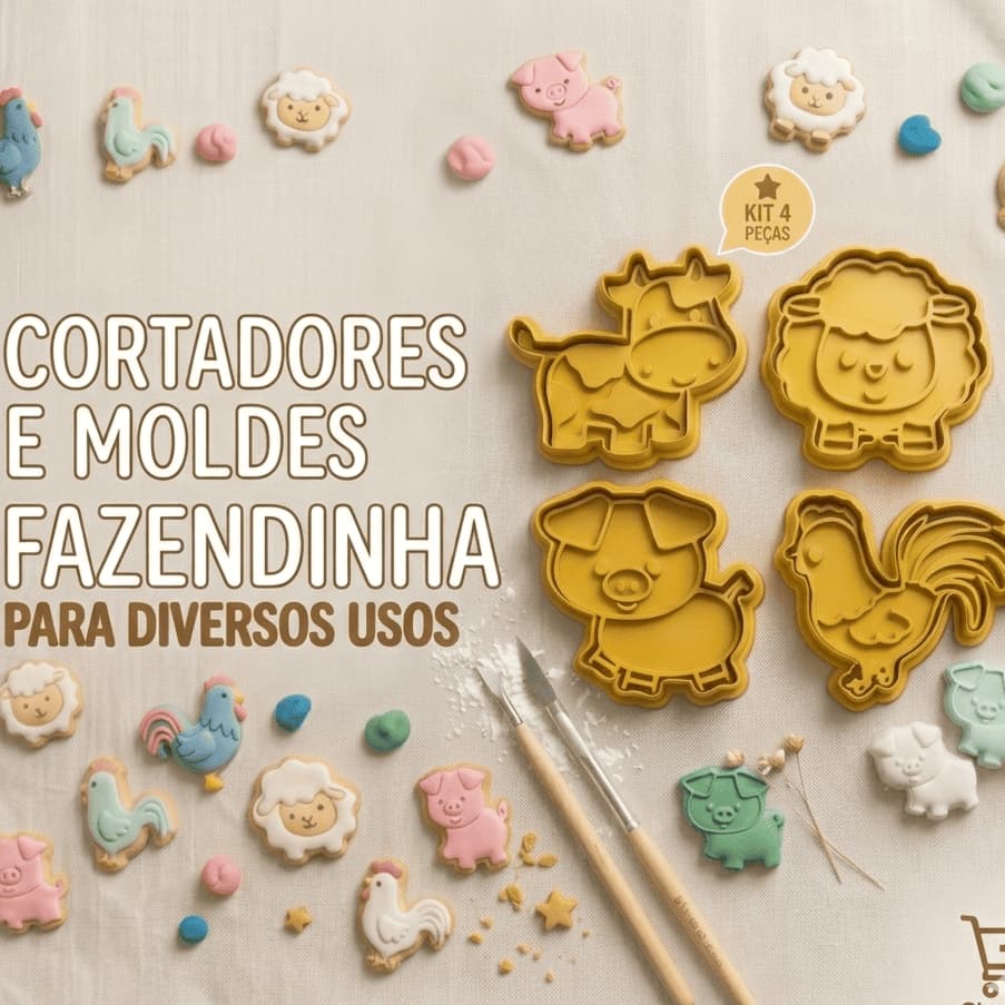 Kit 4 Cortadores Fazendinha Moldes para Alimentos, Biscoitos e Massinha de Modelar - Alta Qualidade