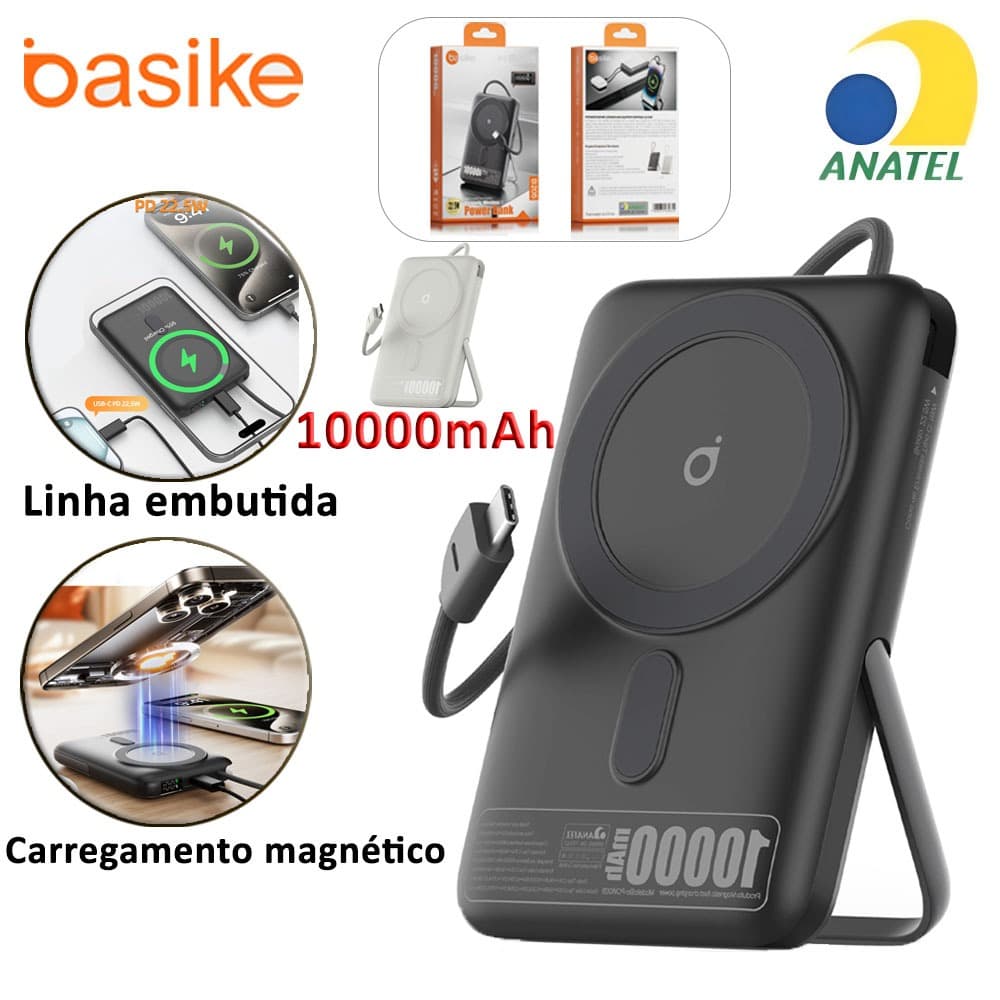 Basike Mini Power Bank Carregador Portátil Magnético Por Indução 10000mAh Magsafe PD 22.5W Sem Fio Universal