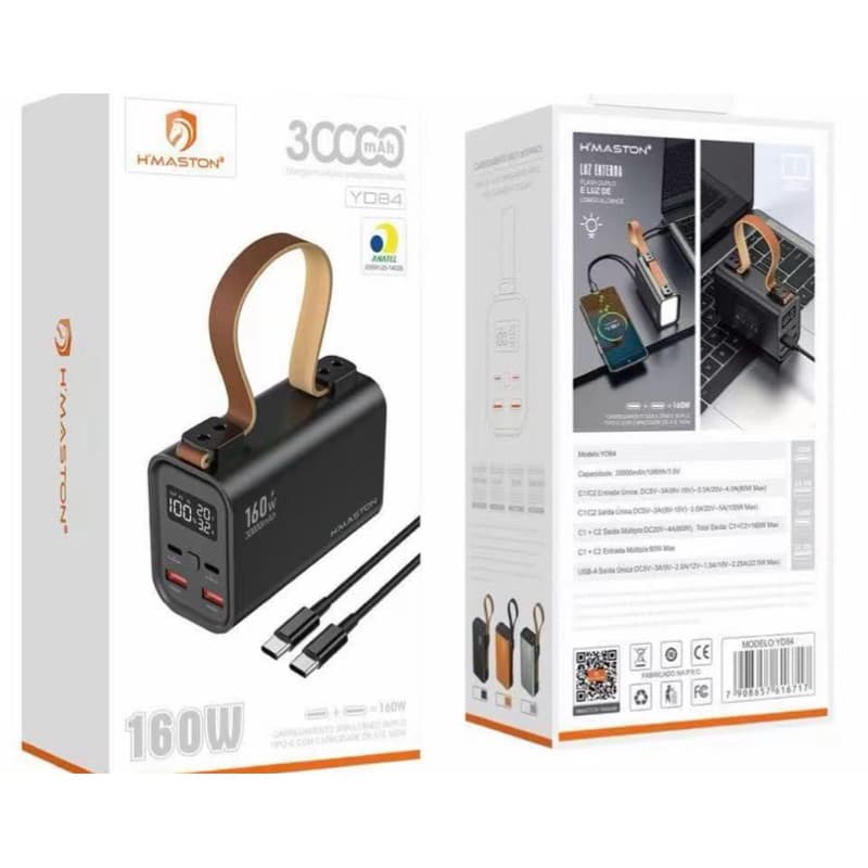 Power Bank H’Maston 30000mAh 160W Turbo Para Notebook Celular Carregador Portátil Rápido YD84