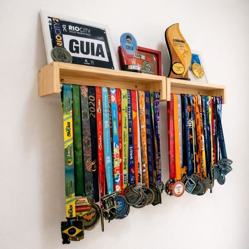 Kit 2 Prateleiras Porta Medalhas em Madeira Pinus com Haste de Inox Removível | Suporte de Parede Troféus