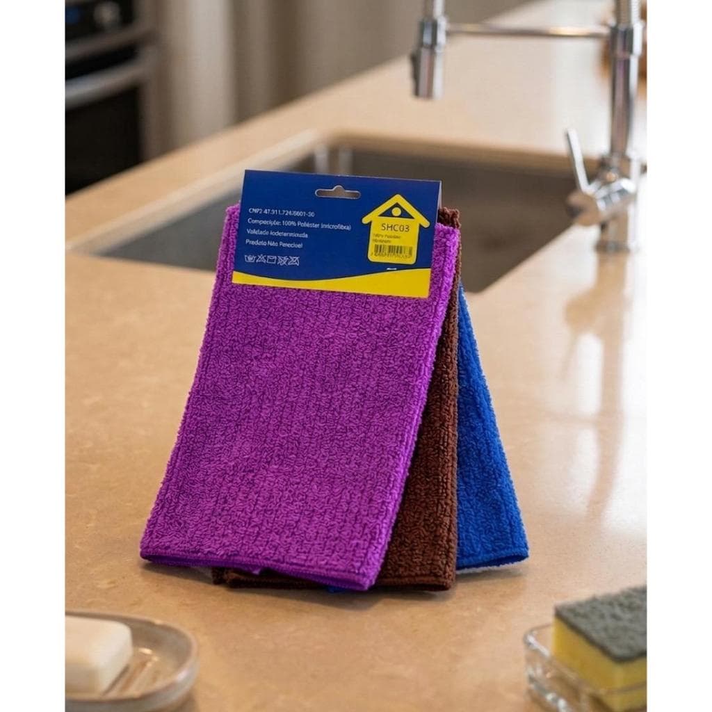 Kit 3 Panos de Microfibra 30x30cm Multiuso Cozinha Limpeza Pia Vidro Carro