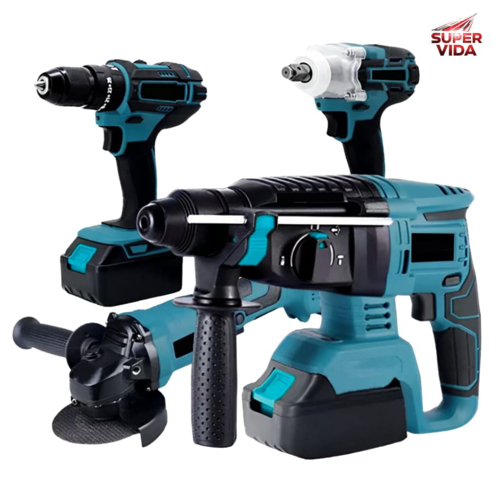 Kit 4em1 Martelete Esmerilhadeira Parafusadeira Chave1/2 48V com 4 Baterias