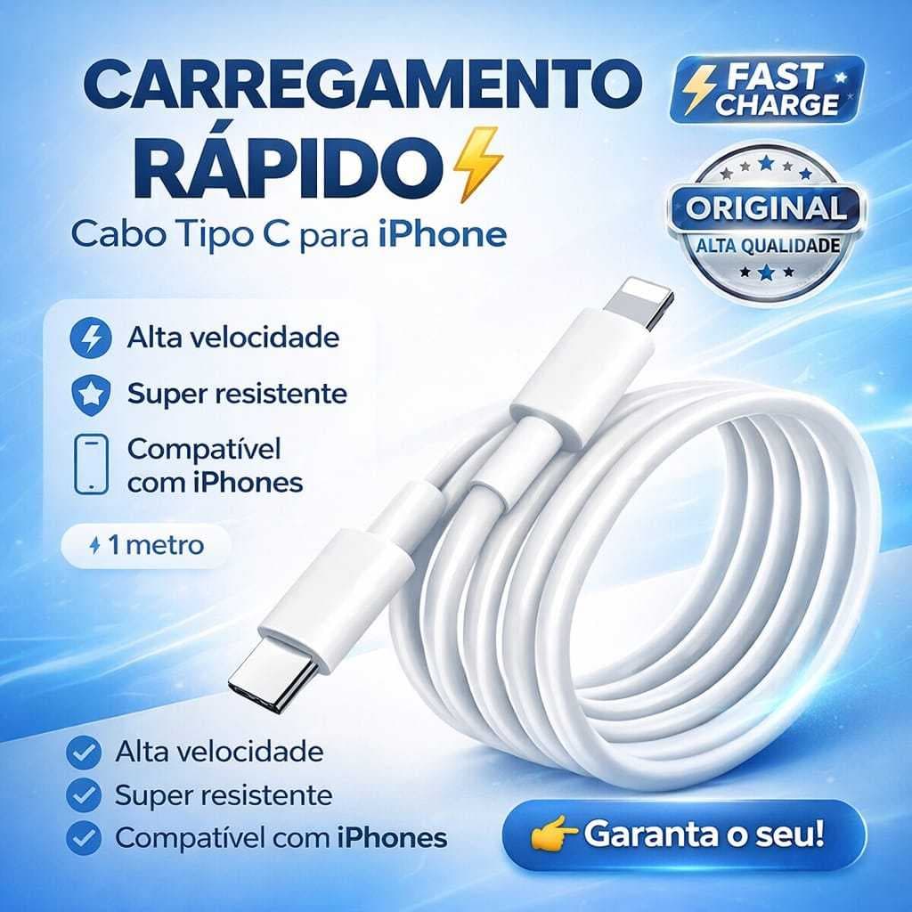 Cabo para iPhone USB Carregamento Rápido 20W, Compatível com iPhone e iPad, 1 Metro