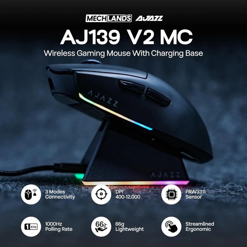 Mouse Gamer AJAZZ AJ139 V2 MC PAW3311 12000DPI Ergonômico Leve Sem Fio 2.4G ( Preto )