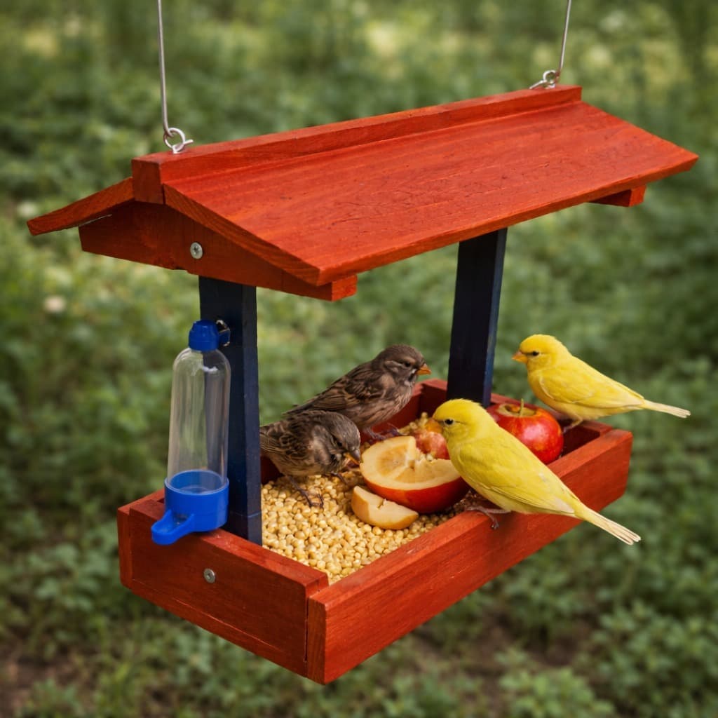Casinha Comedouro para Pássaros Livres Tratador Azul em Madeira Porta Ração Aves e Habitat Natural
