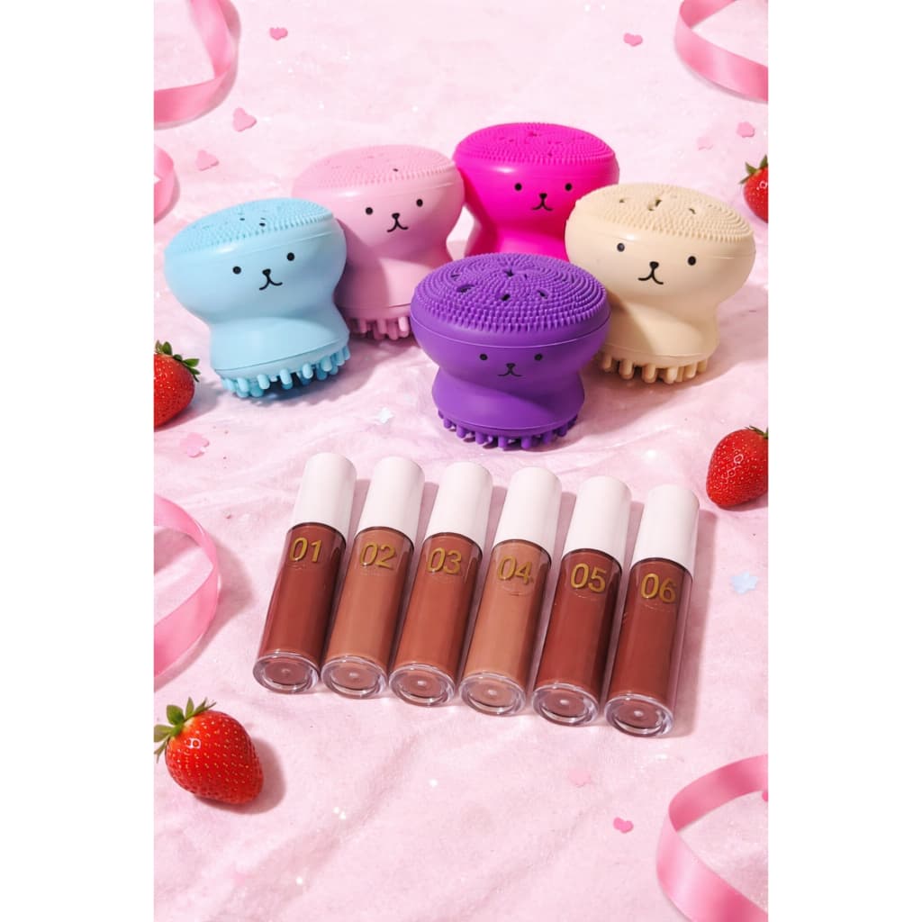 Kit Batom 2 em 1 lápis labial e batom líquido matte + Esponja Polvo Limpeza Facial