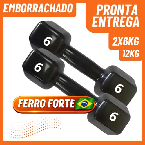 Halter Sextavado Emborrachado 6kg Par 12kg Peso Academia Musculação Fitness Ferro Forte