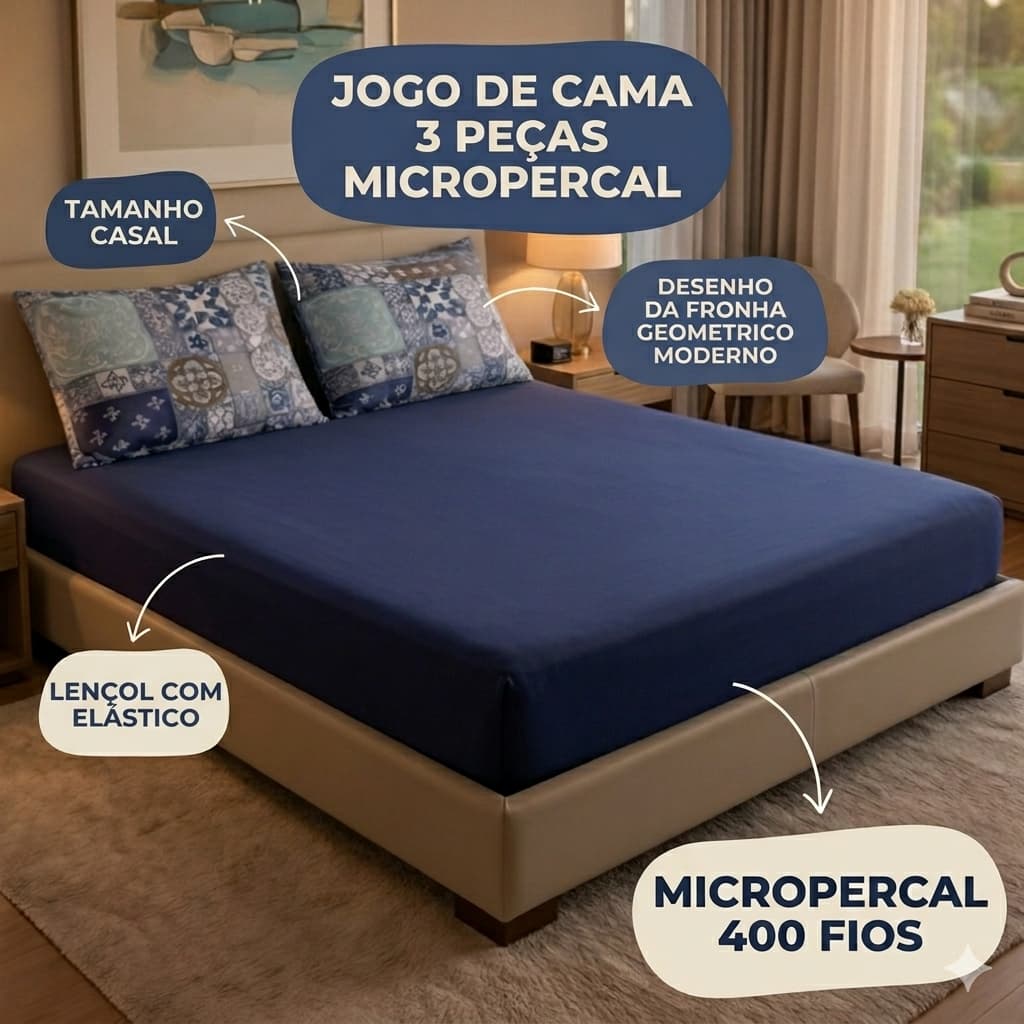 Jogo Cama Lençol CASAL PADRÃO Percal 400 Fios Luxo Toque De Pêssego Cama Box Geometrico