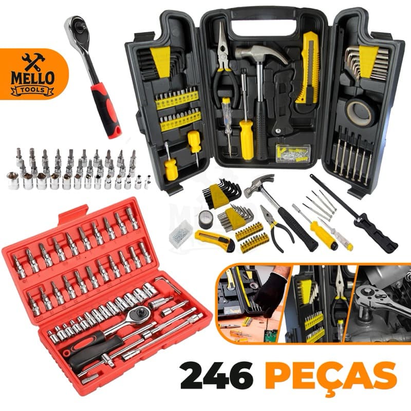 Kit Jogo de Ferramentas 246 Peças Profissional Completo com Maleta – Chaves, Soquetes, Alicate e Bits