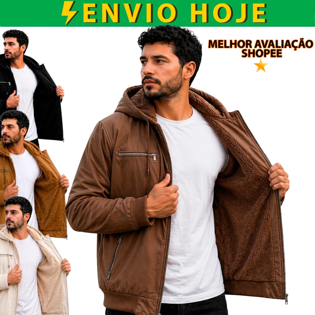 Jaqueta Masculina Sarja Com Capuz Forrada Peluciada Frio Top Preta Marrom Bege Verde
