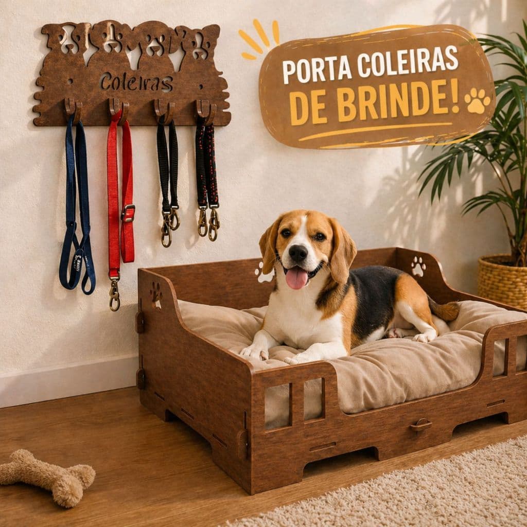 Cama Pet MDF Marrom Elevada para Cachorro Pequeno e Médio | Casinha Pet Moderna Resistente + Porta Coleiras Brinde