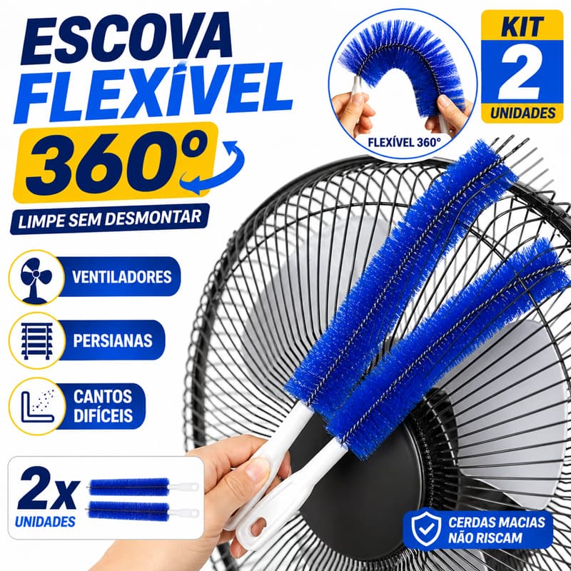 Kit 2 Escovas Flexível de Limpeza 360° Dobrável Multiuso Cantos Difícieis Ventilador TV Carro