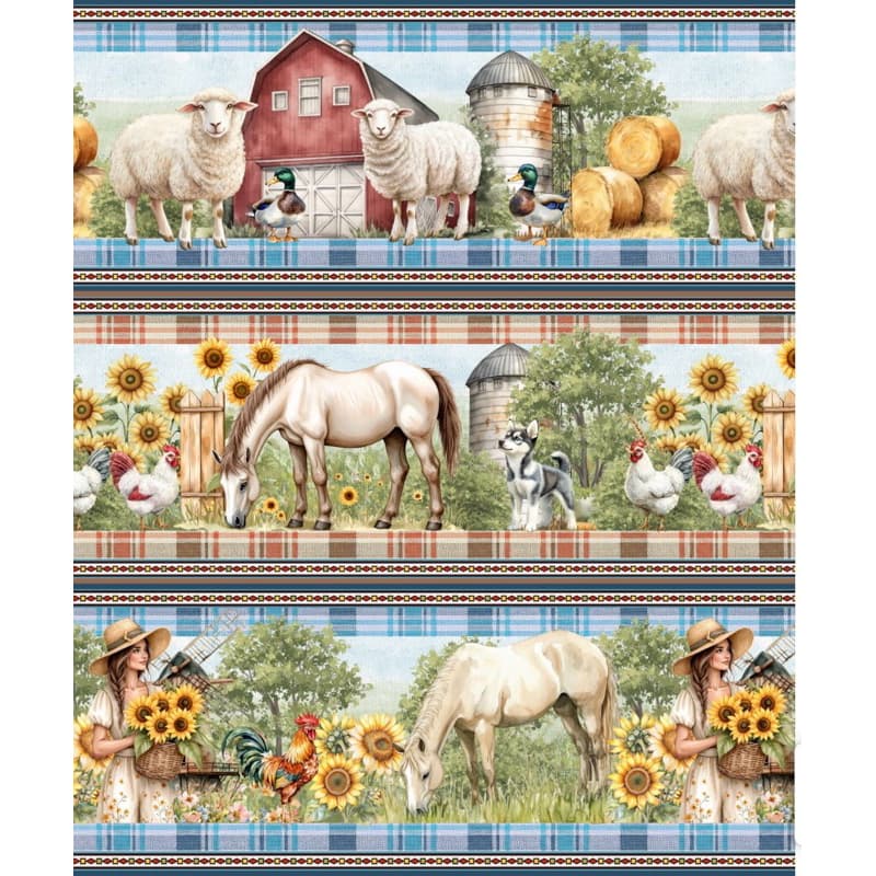 Tecido Barrado Digital Fazenda 10 Faixas 15cm 55x1,50m Tricoline 100% Algodão Animais Country Patchwork  ⸻