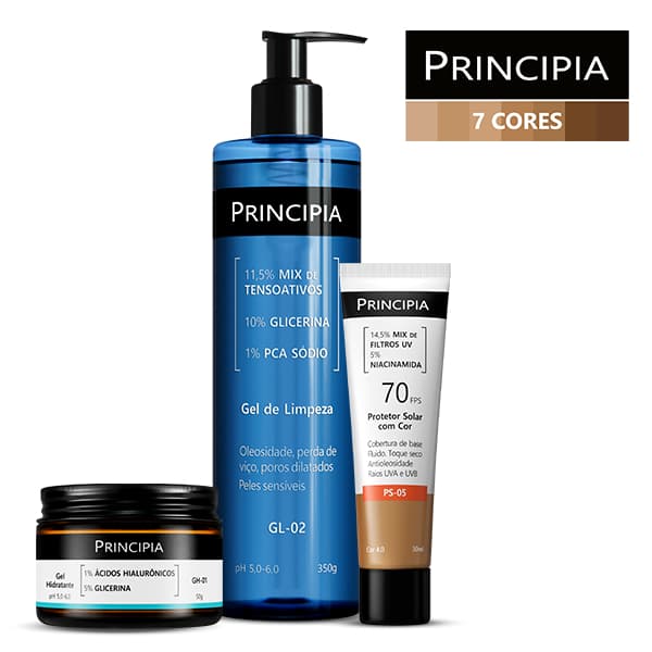 Principia Kit Limpa Hidrata e Protege c/ Gel de Limpeza GL-02 +Gel Hidratante GH-01 + Protetor Cor PS-05 FPS 70