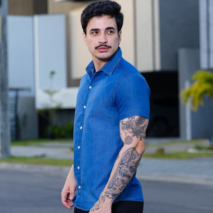 Camisa Jeans Masculina Manga Curta Slim Fit Casual Confortável Resistente Premium Estilo Moderno