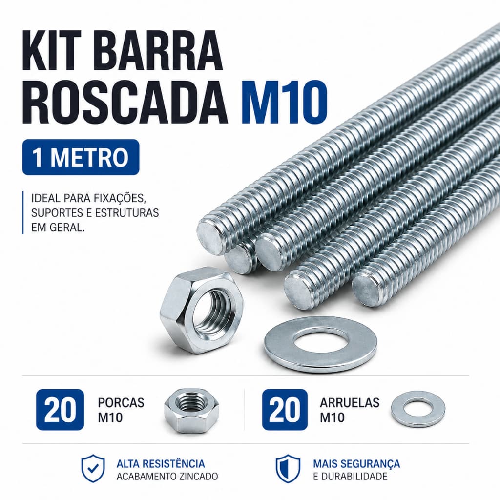 Barra Roscada M10 1 Metro Kit Completo 2 Peças + 20 Porcas + 20 Arruelas Aço Zincado Alta Resistência