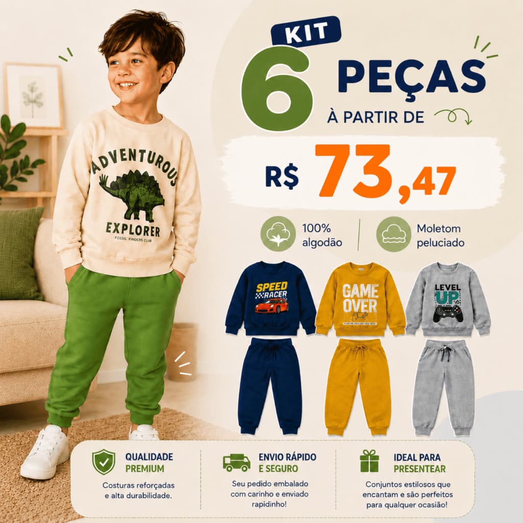 Kit 6 Peças Conjunto Moletom Infantil Masculino Inverno 3 Casacos + 3 Calças Menino