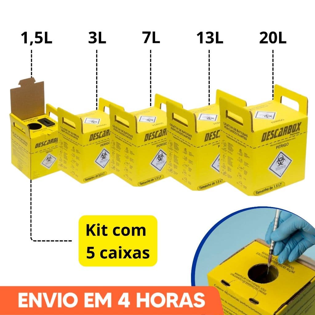 5un Caixas Coletora Para Material Perfurocortante 1,5L  3L 7L 13L 20L Descarbox