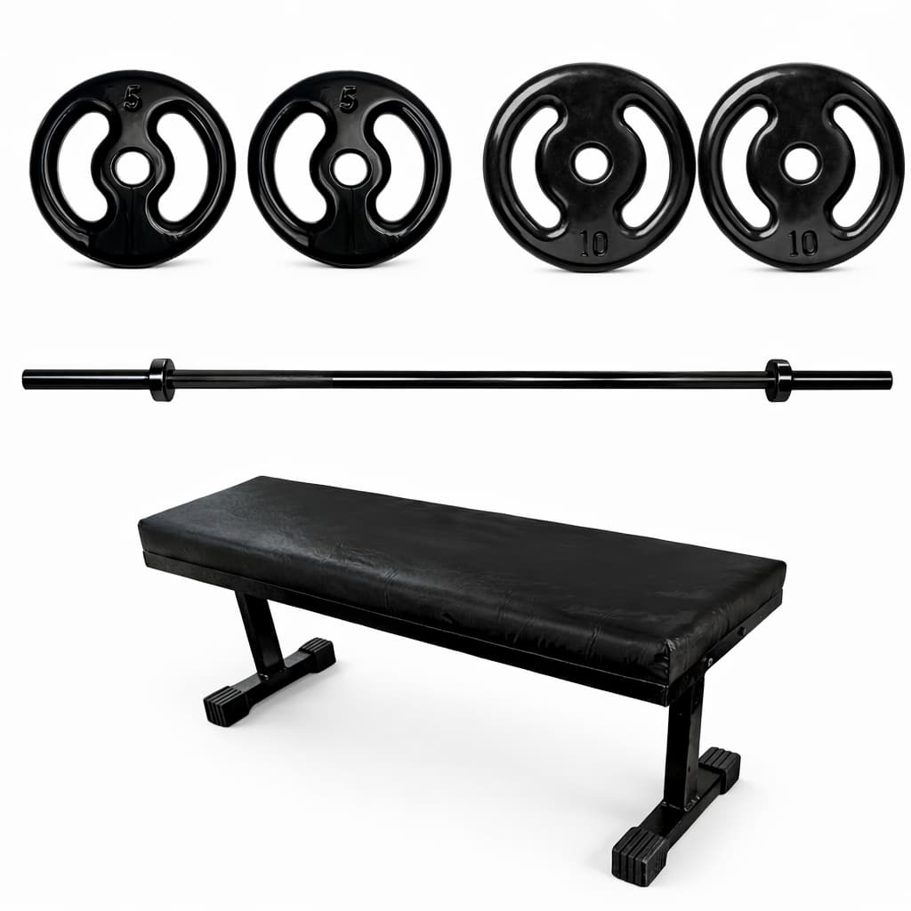 KIT BANCO BARRA 12M 2 ANILHAS DE 10KG E 2 ANILHAS DE 5KG MUSCULAÇÃO FITNESS TREINO CROSSFIT CASA GYM PRO