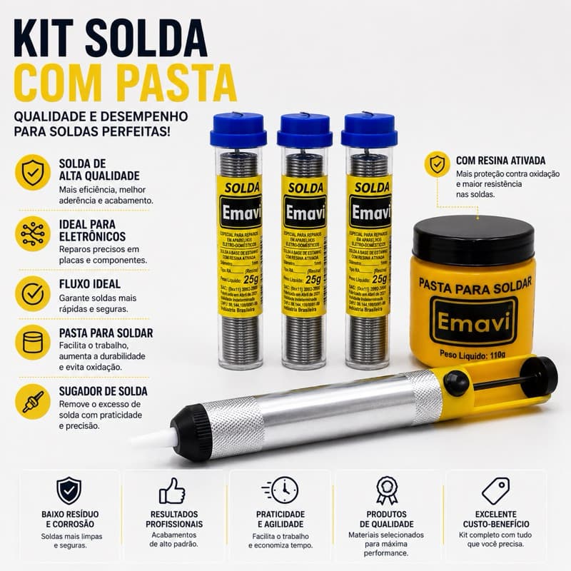 Kit Completo para Soldagem - 3 Tubos de Estanho + Sugador de Solda + Pasta para Soldar 110g