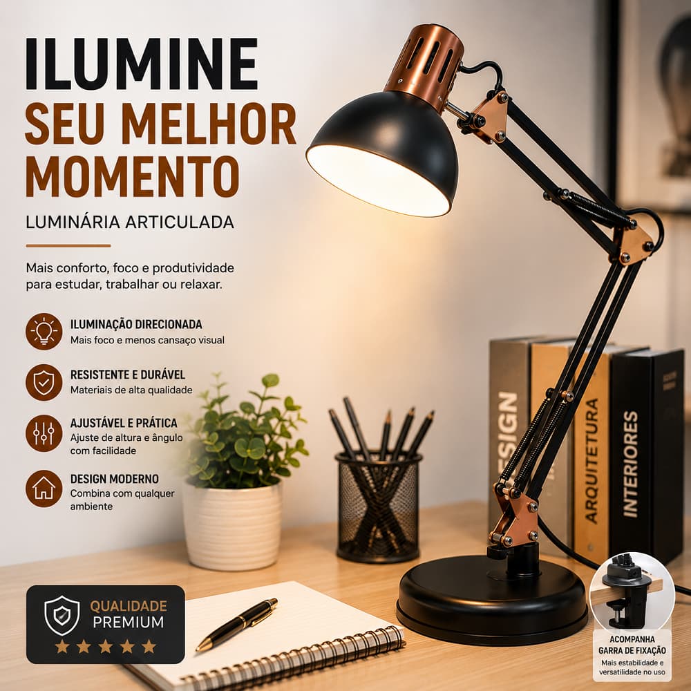 Luminária de Mesa Articulada Pixar com Base ou Garra 2 em 1 Abajur Flexível LED para Escritório