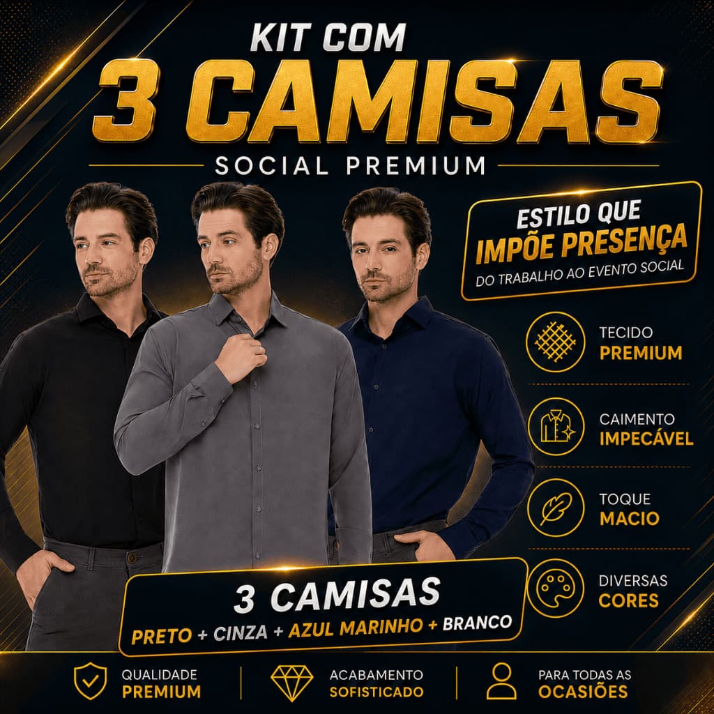 Kit 3 Camisa Social Masculina Manga Longa Slim Fit Elegante Casual Trabalho Premium Passa Fácil