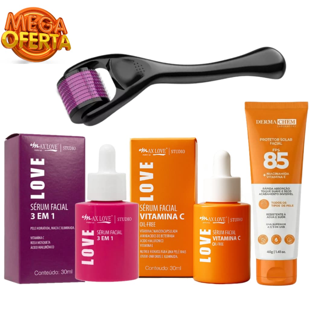 Kit Microagulhamento Derma Roller + Vitamina C + Sérum 3em1 + Protetor Solar Anti-Acne e Rejuvenescimento 0.5 1.0 1.5mm