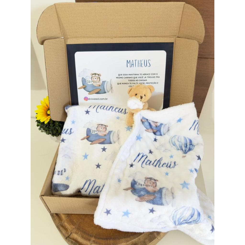 Kit Manta e Naninha Ursinho Aviador Enxoval Bebê Personalizado Com Nome